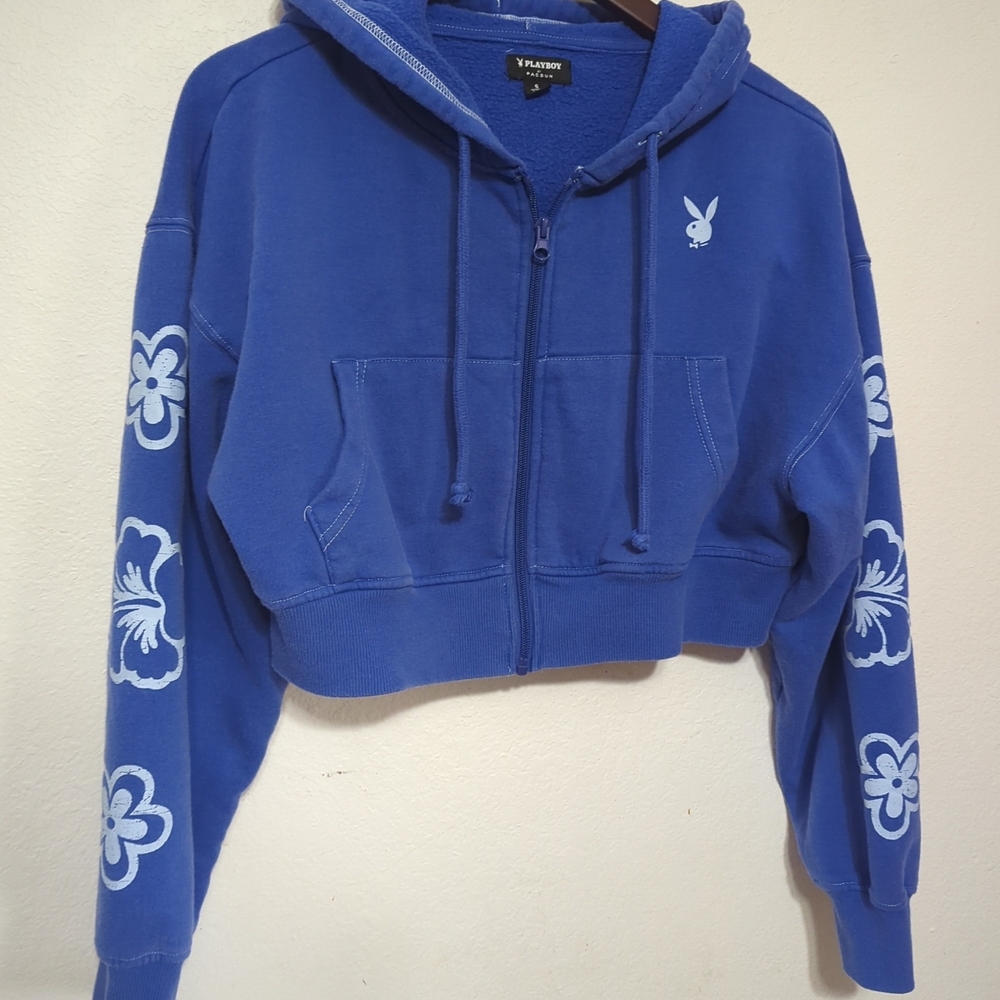 Playboy Hoodie Womens S Blue Floral Long Sleeve Pac Sun Cropped Full Zip Y2K